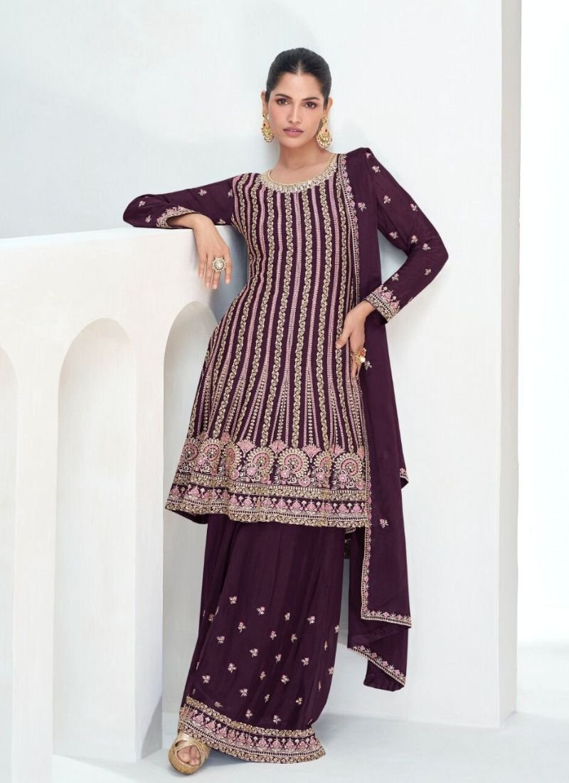 Heavy embroidered Chinon silk palazzo suit in dark violet