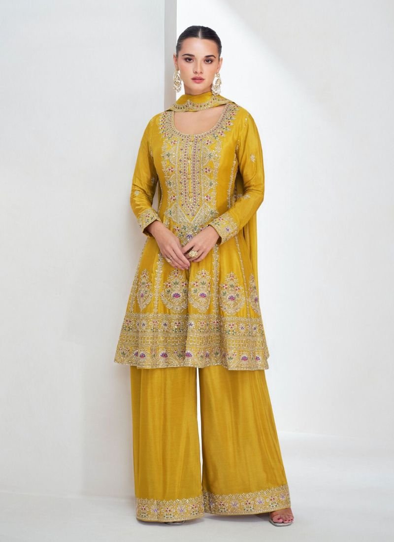 Heavy embroidered Chinon silk palazzo suit in yellow