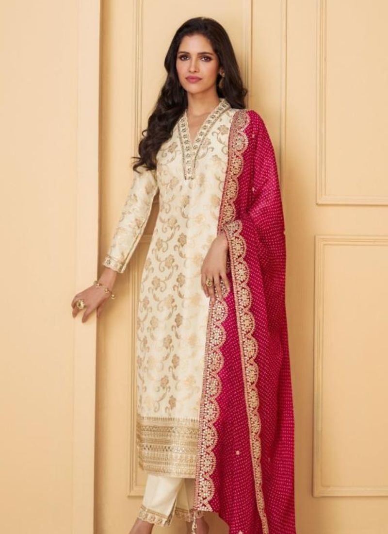 Elegant digital embroidered viscose silk pantsuit in cream