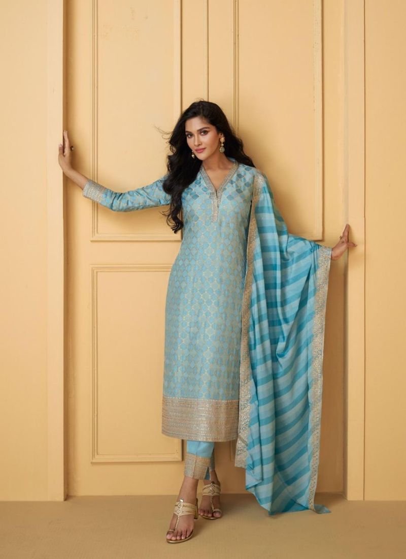 Elegant digital embroidered viscose silk pantsuit in sky blue