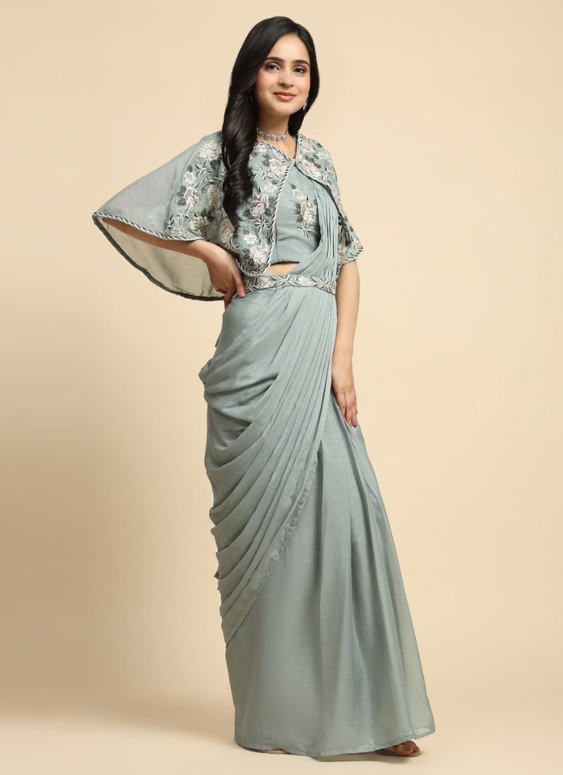 Stylish embroidered chiffon saree with printed jacket in sage green