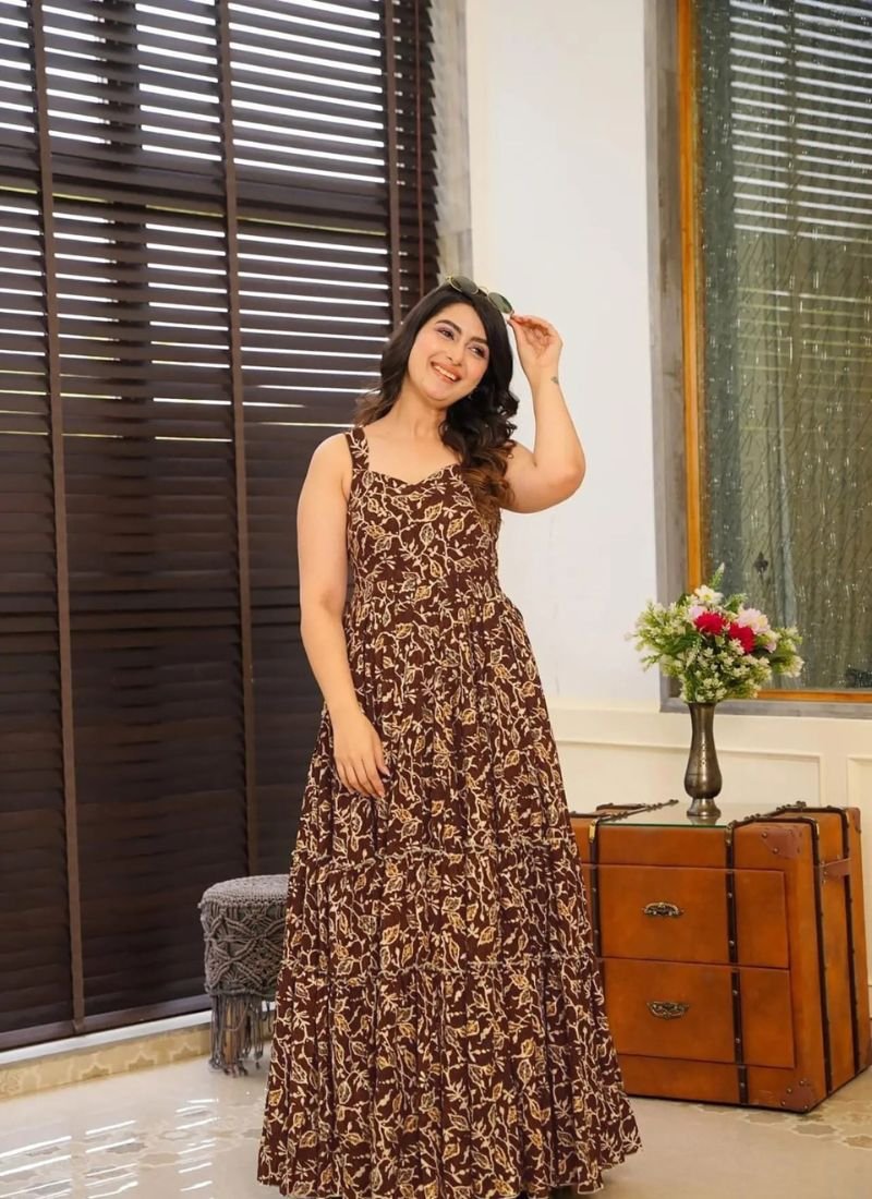 Stunning digital printed rayon anarkali in brown