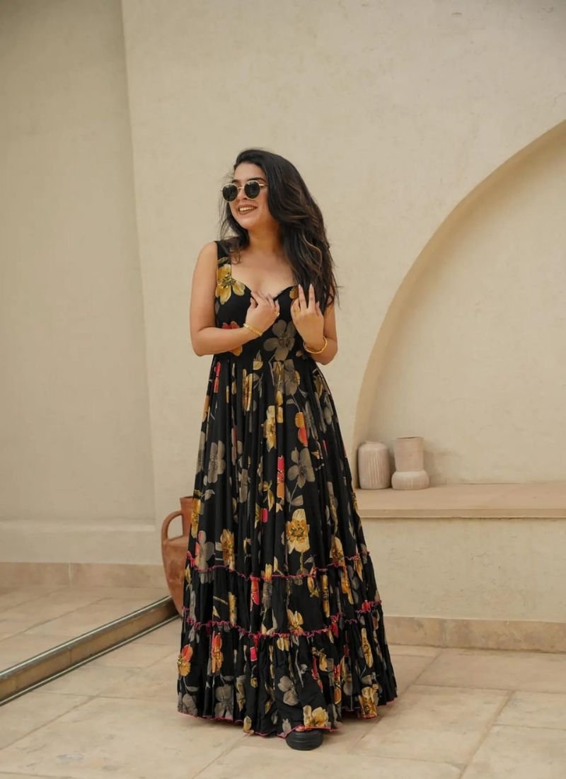 Stunning digital printed rayon anarkali in black