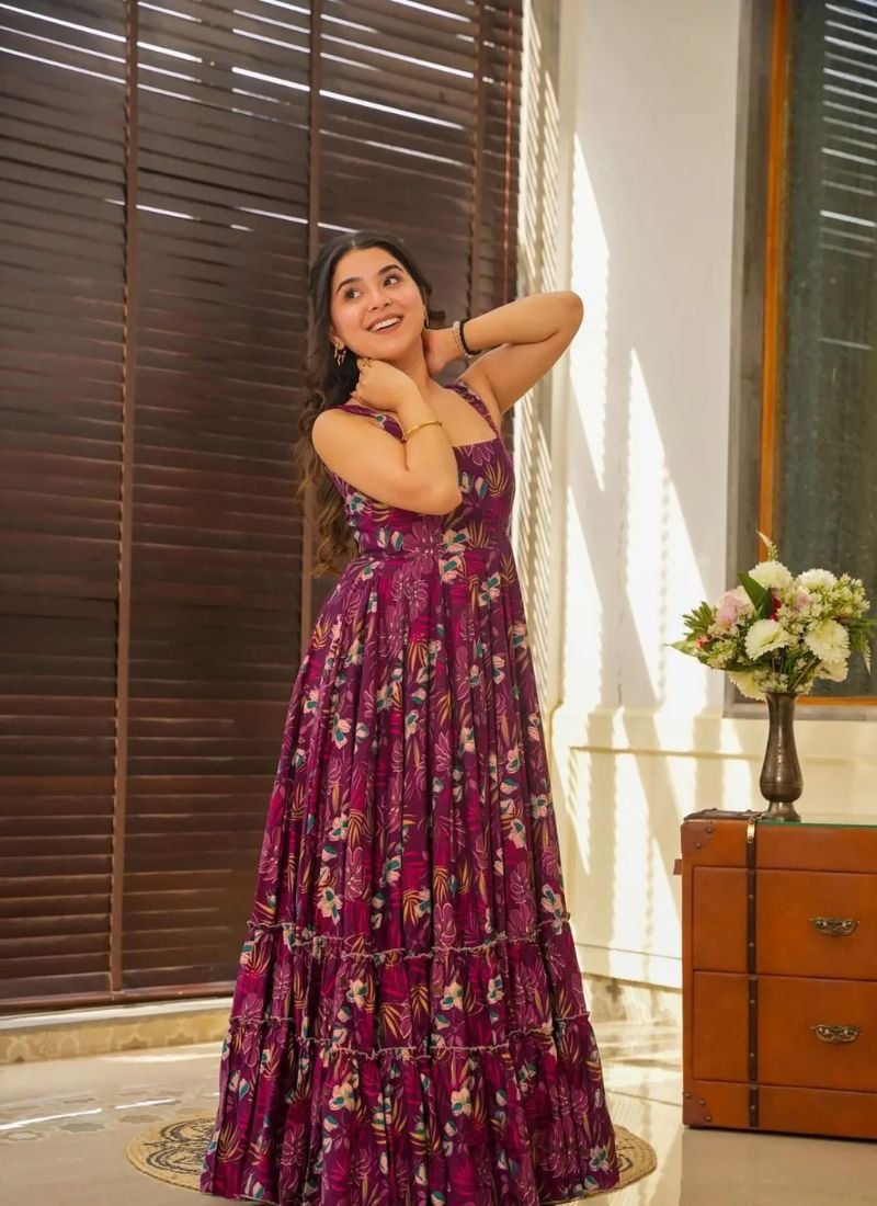 Stunning digital printed faux georgette anarkali in purple