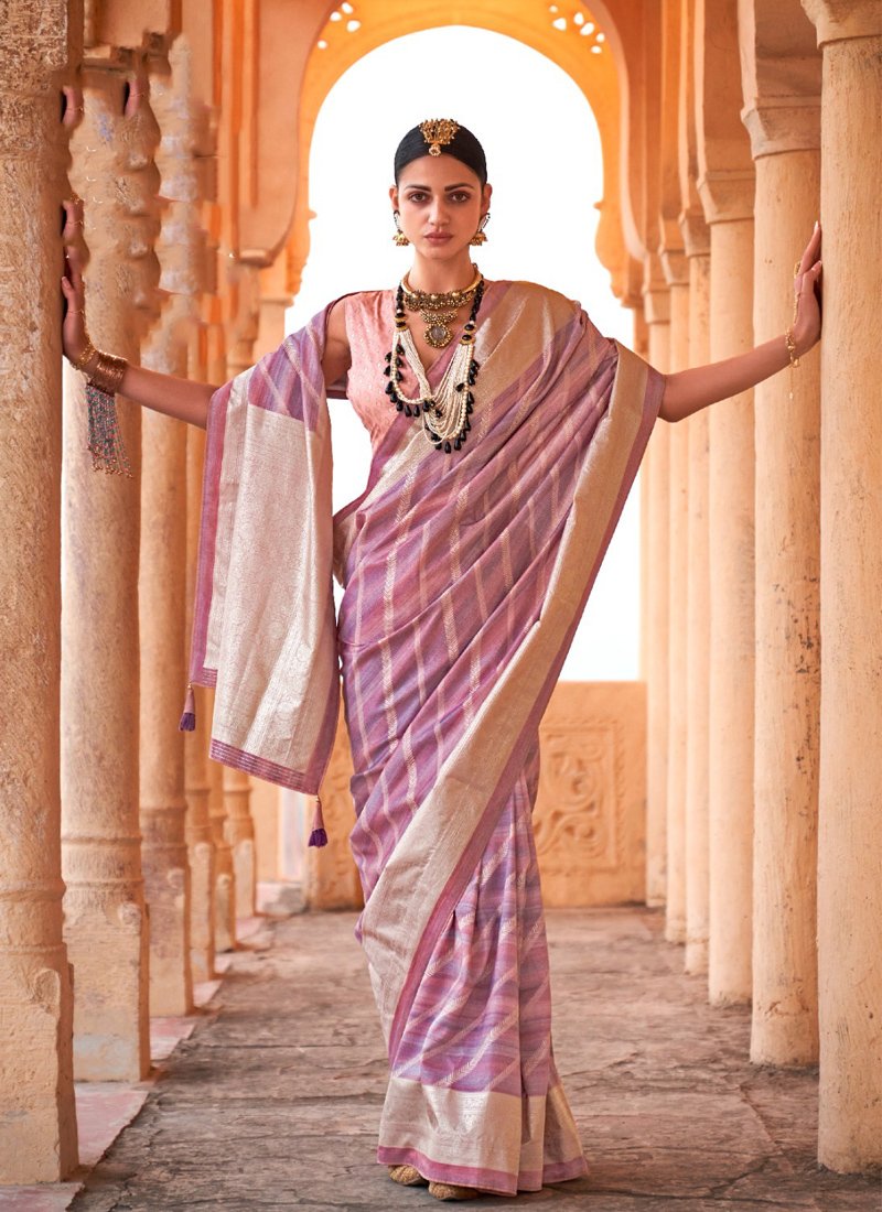 Ethnic foil printed viscose silk saree in pink