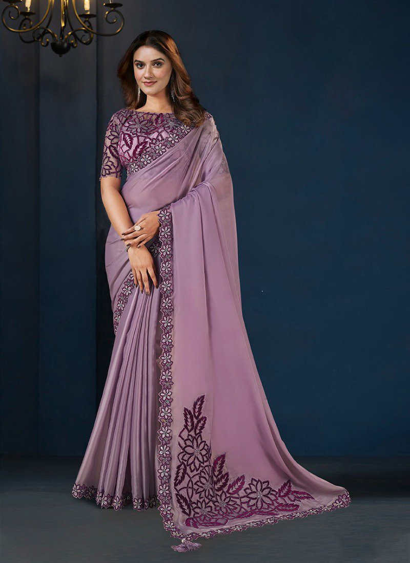 Exquisite hand embroidered silk saree in purple