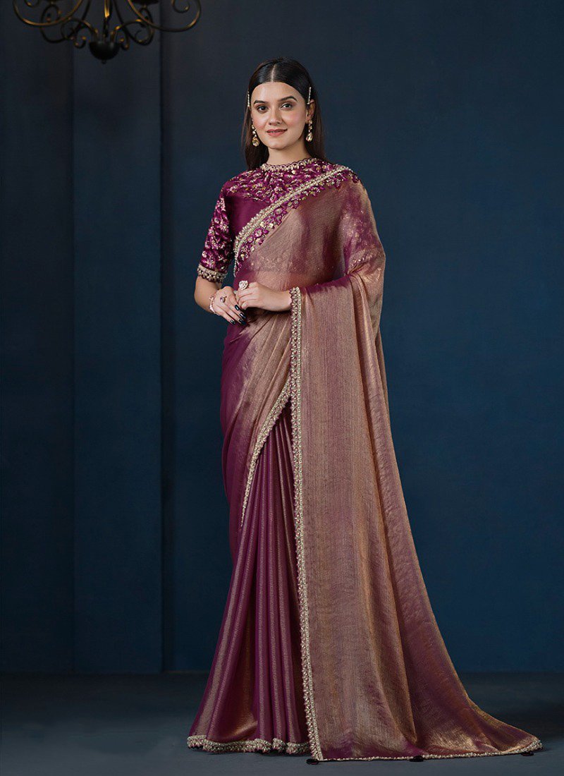 Exquisite hand embroidered silk saree in dark purple