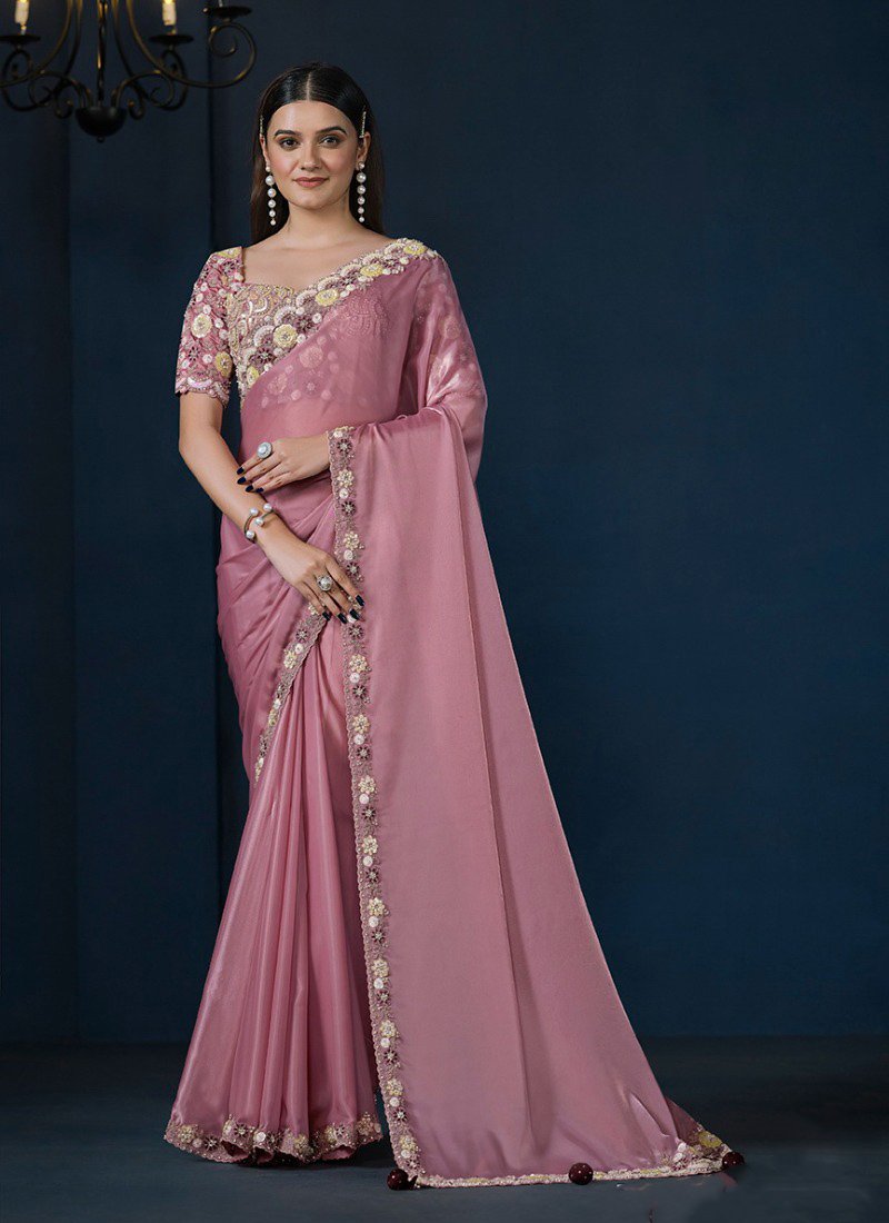 Exquisite hand embroidered silk saree in nude pink