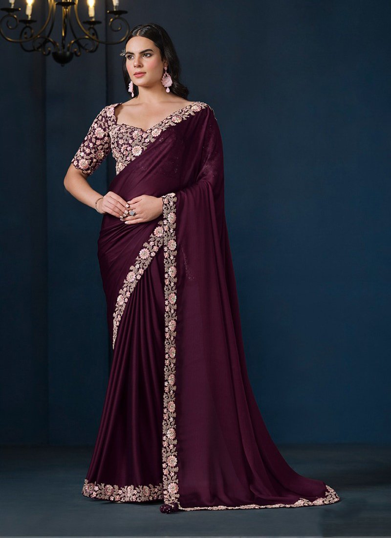 Exquisite hand embroidered silk saree in dark violet