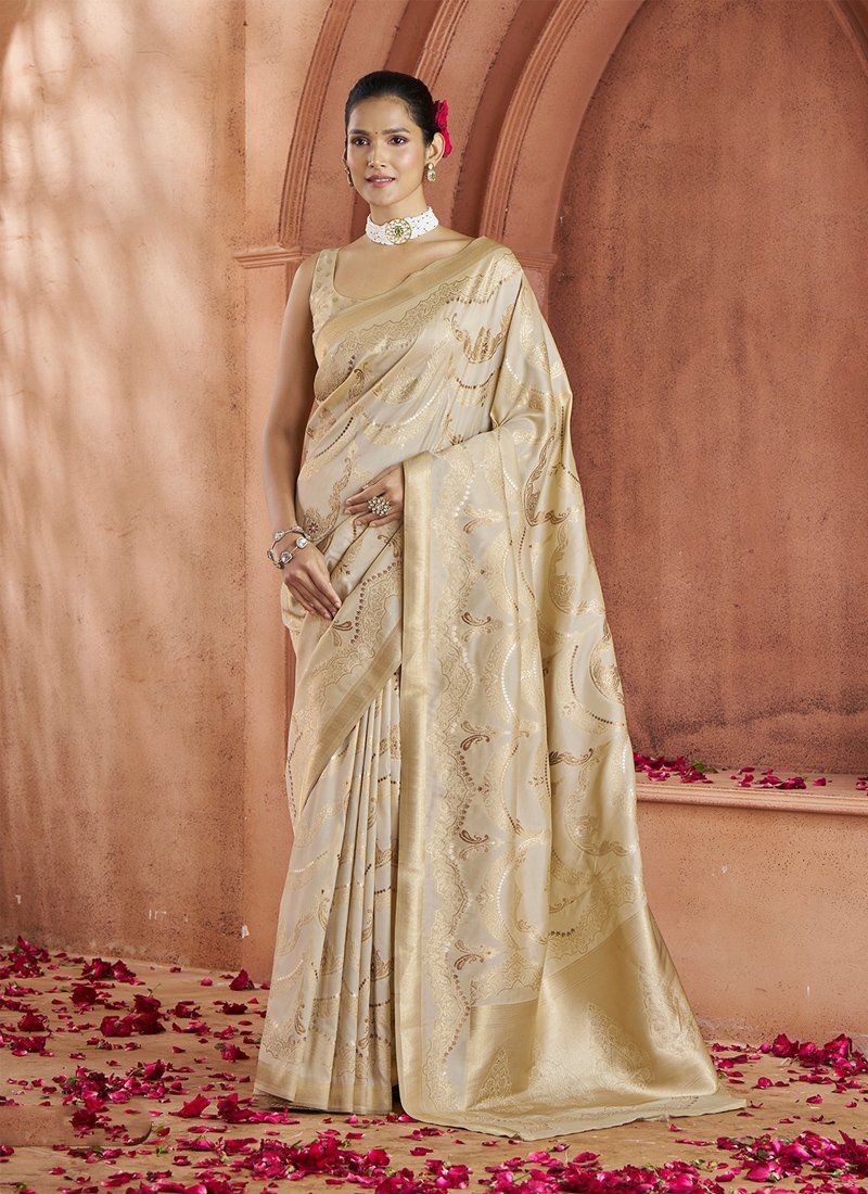 Elegant hand-woven banarasi silk saree in cream