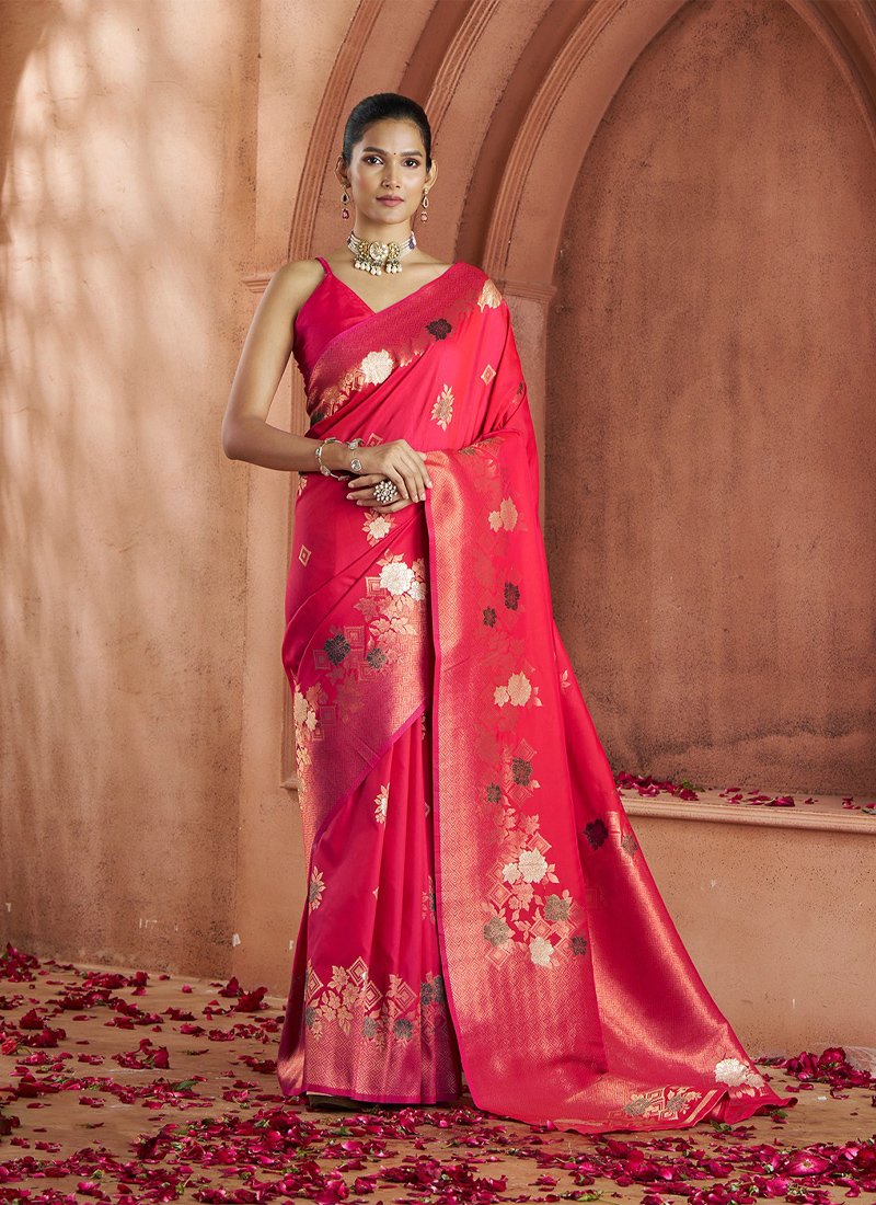 Elegant hand-woven banarasi silk saree in red