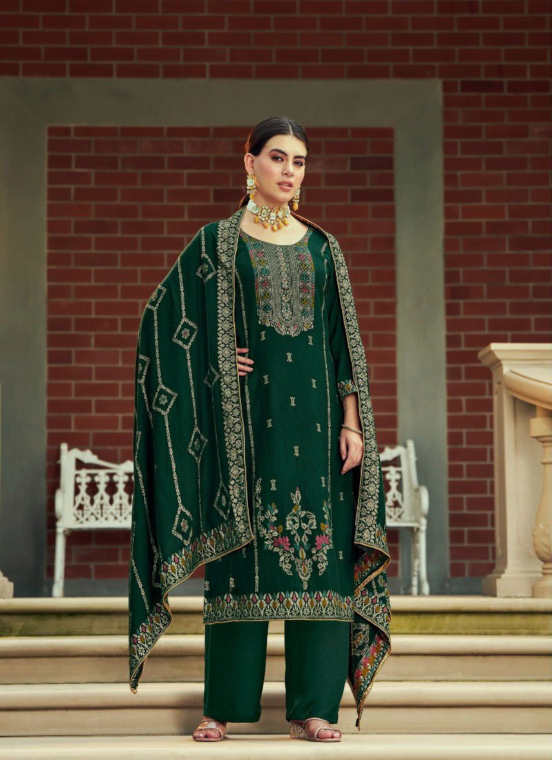 Stylish jacquard printed pashmina pantsuit in dark green