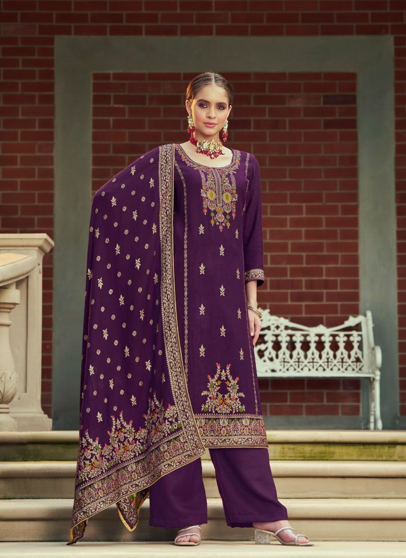 Stylish jacquard printed pashmina pantsuit in dark purple