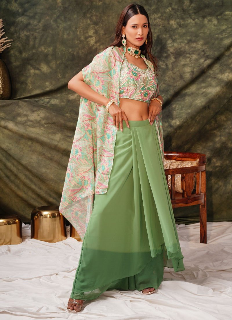 Beautiful floral embroidered georgette crop top set in green