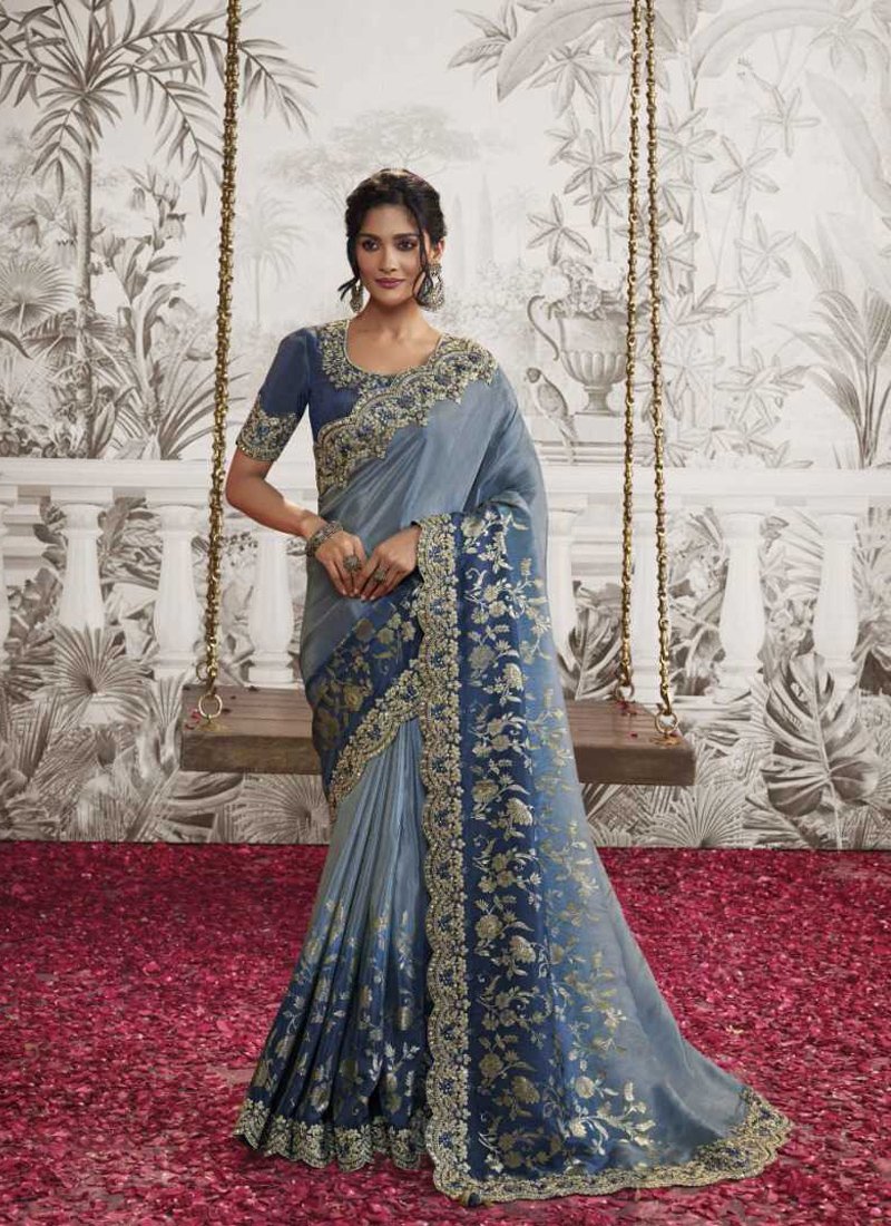 Beautiful embroidered georgette saree in dark blue