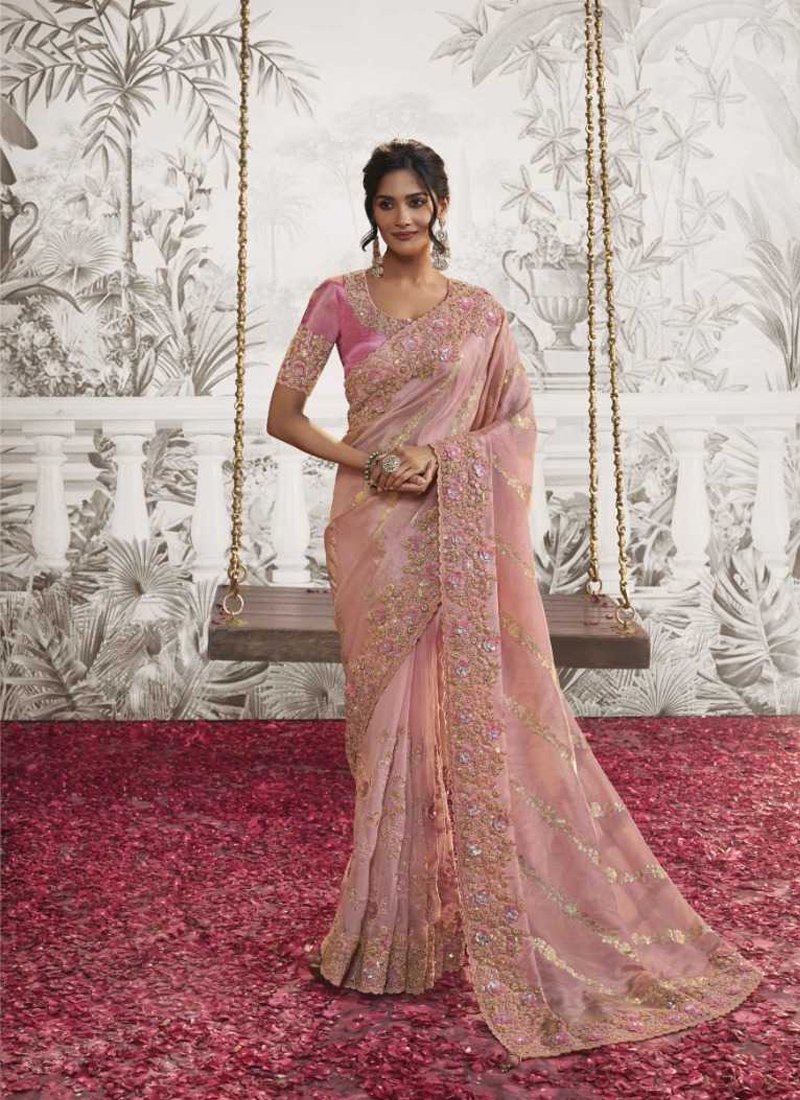 Beautiful embroidered georgette saree in baby pink