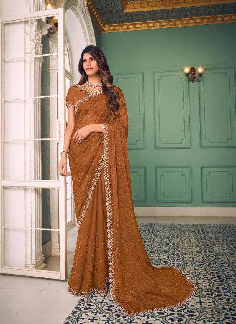 Designer thread embroidered chiffon saree in mustard