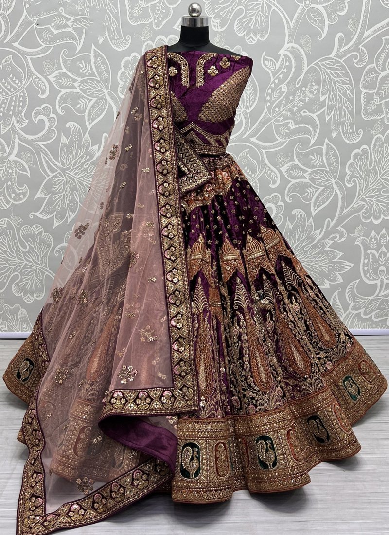 Bridal heavy embroidered soft velvet lehenga choli in purple