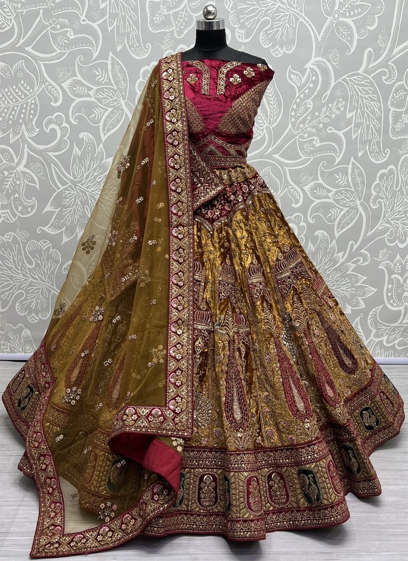 Bridal heavy embroidered soft velvet lehenga choli in yellow