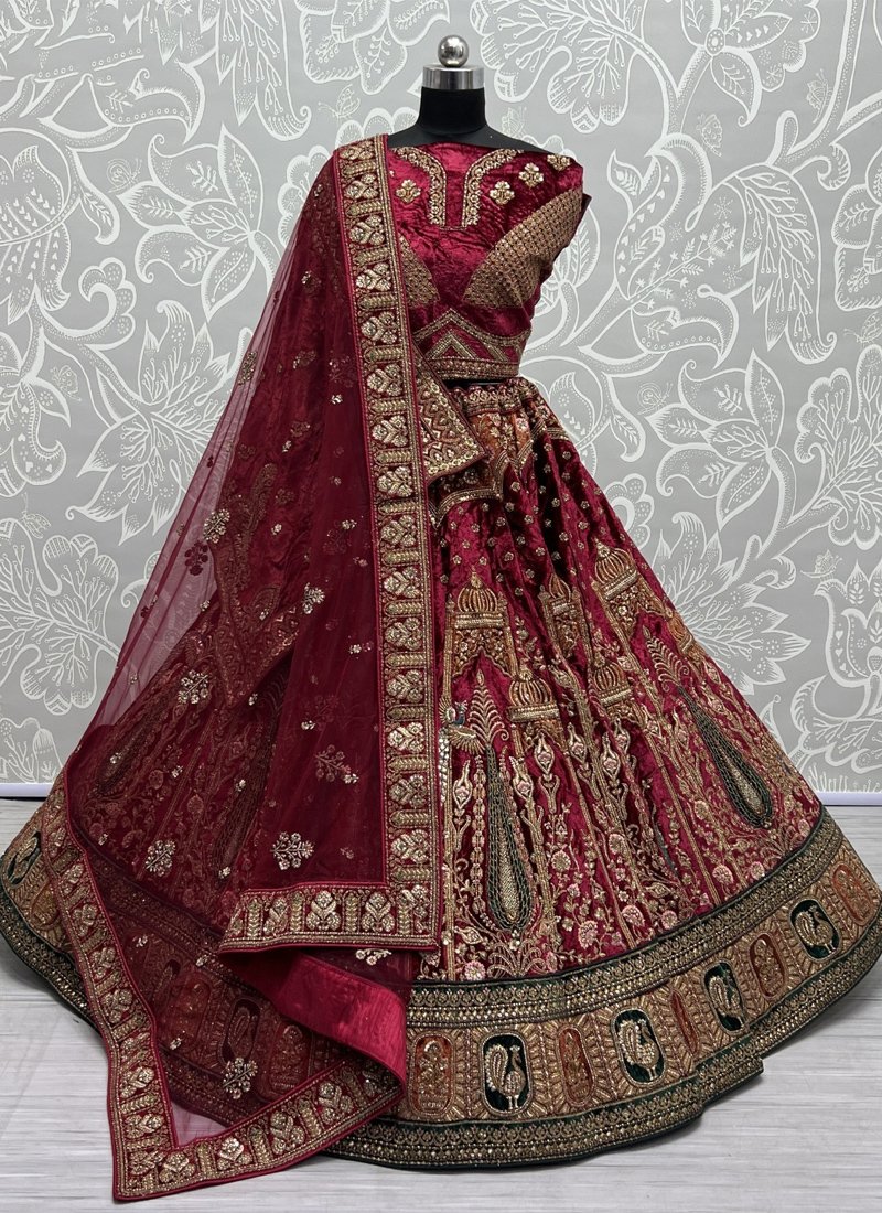 Bridal heavy embroidered soft velvet lehenga choli in red