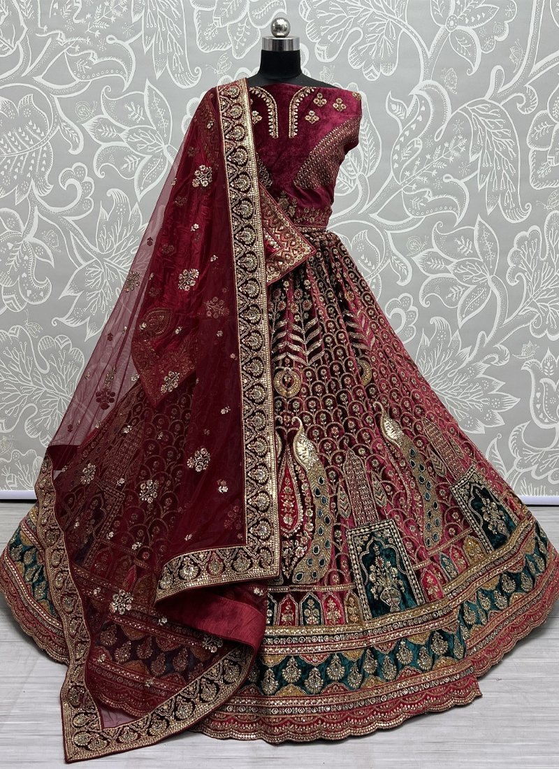 Bridal zari embroidered velvet lehenga choli in magenta