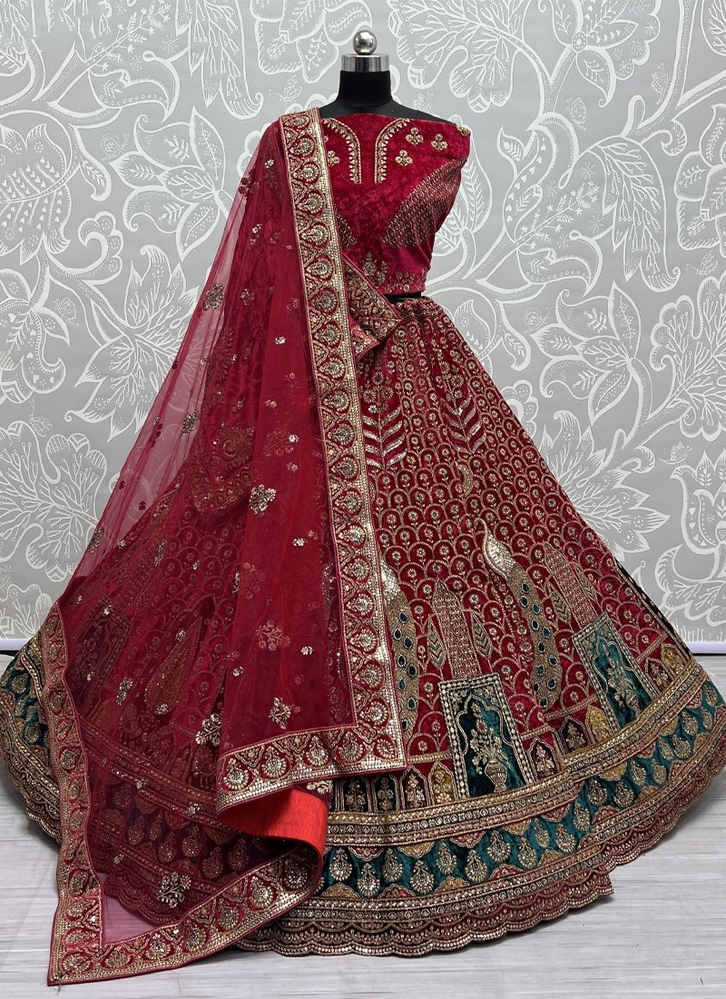 Bridal zari embroidered velvet lehenga choli in red