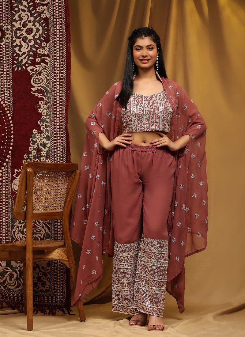 Designer thread embroidered georgette crop top in brown