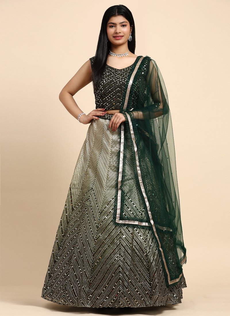 Elegant mirror embroidered organza lehenga in dark green