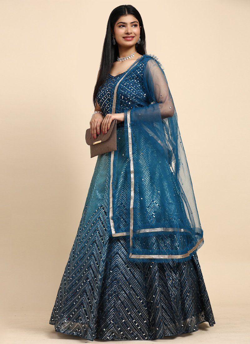 Elegant mirror embroidered organza lehenga in dark blue