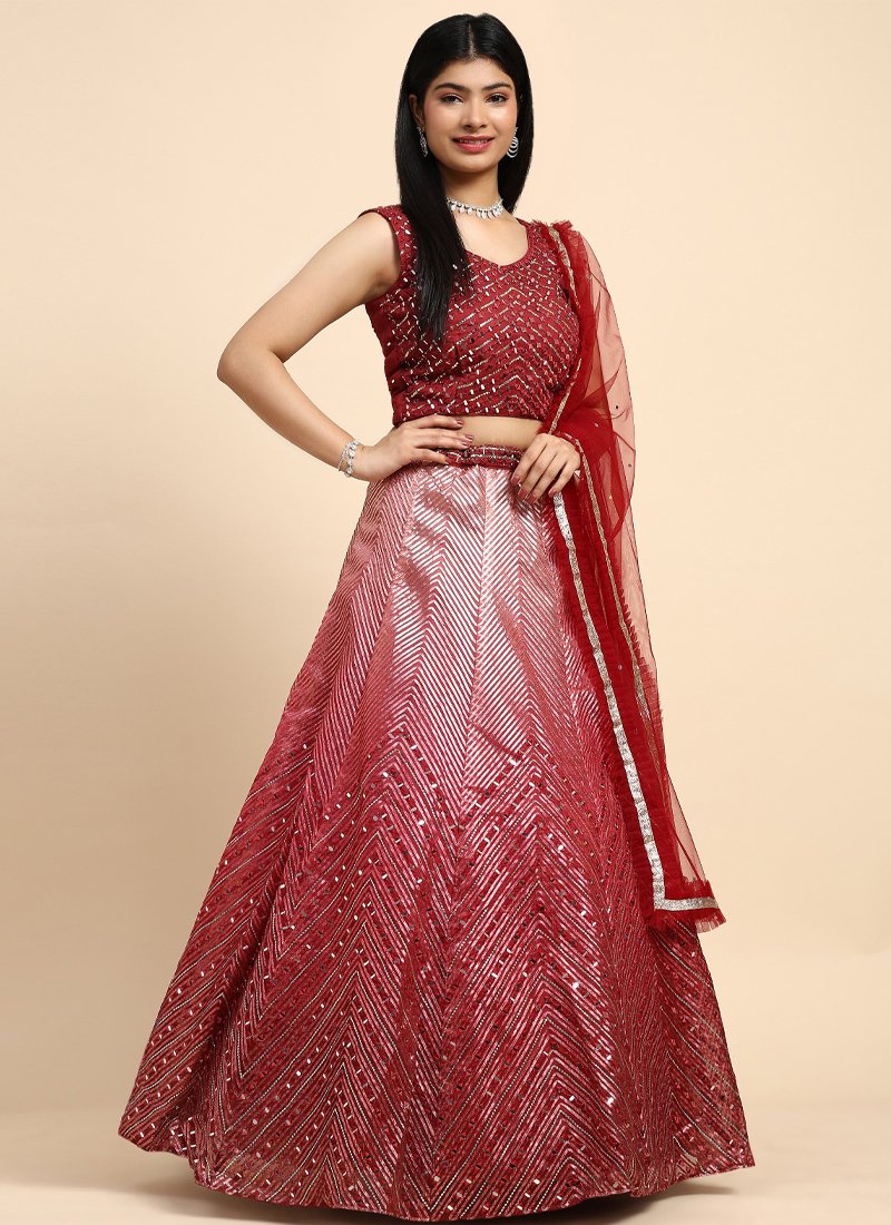 Elegant mirror embroidered organza lehenga in red