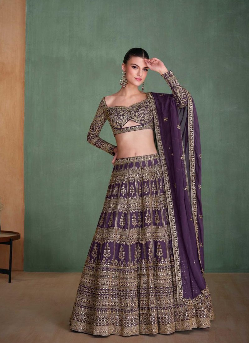 Beautiful hand-embroidered georgette lehenga choli in dark purple