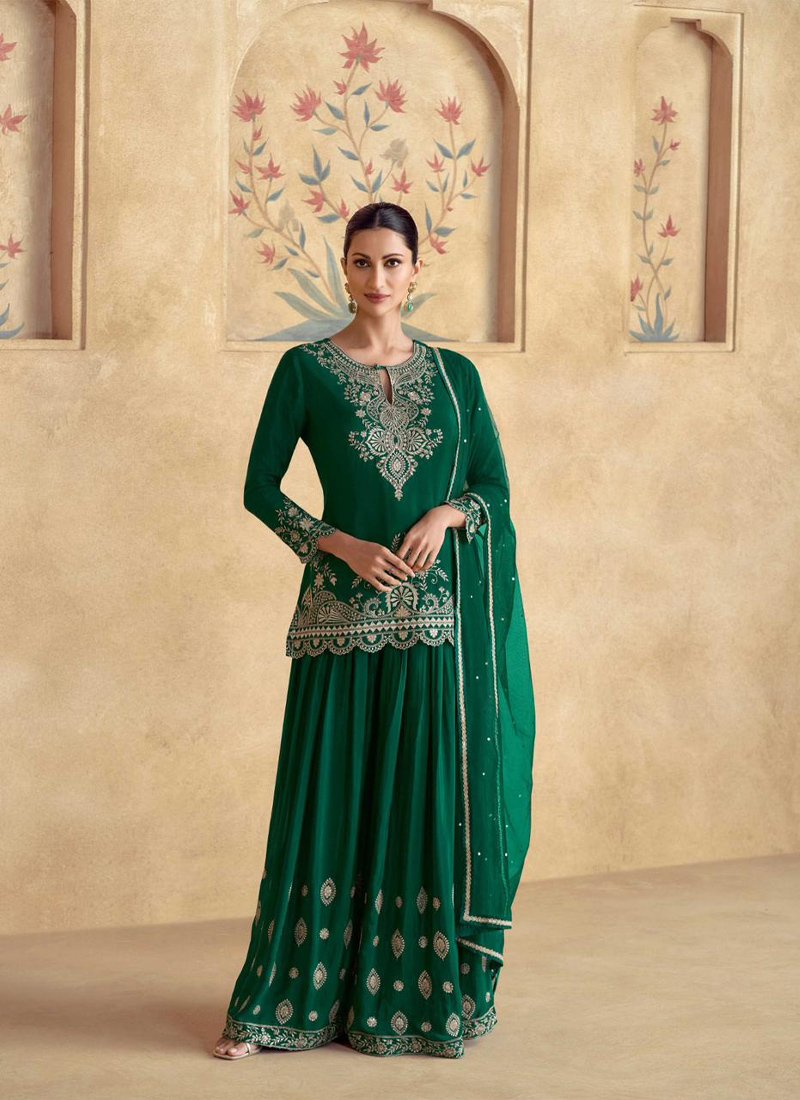 Designer floral embroidered chinon palazzo set in dark green