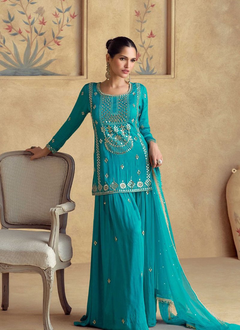 Designer floral embroidered chinon palazzo set in blue