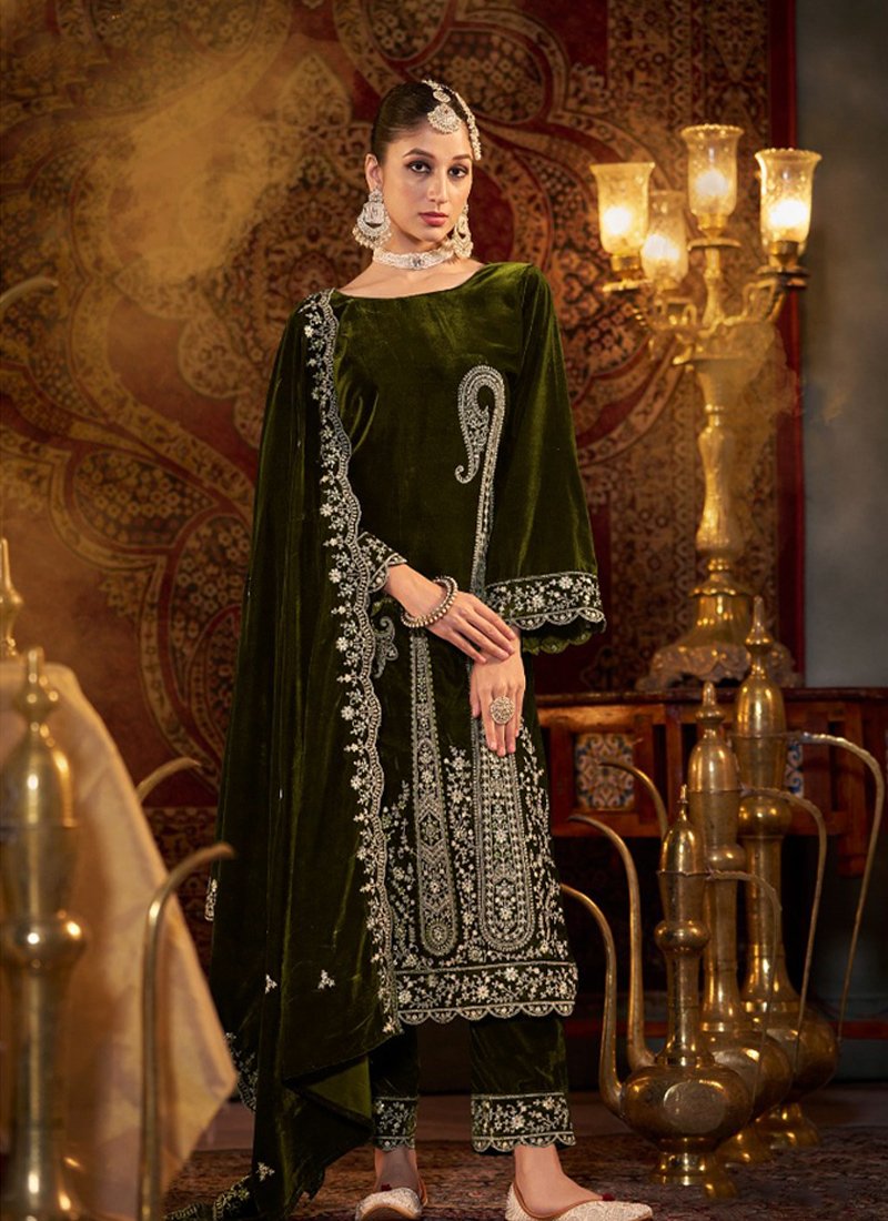 Beautiful floral embroidered pure velvet pantsuit with pashmina shawl in dark green