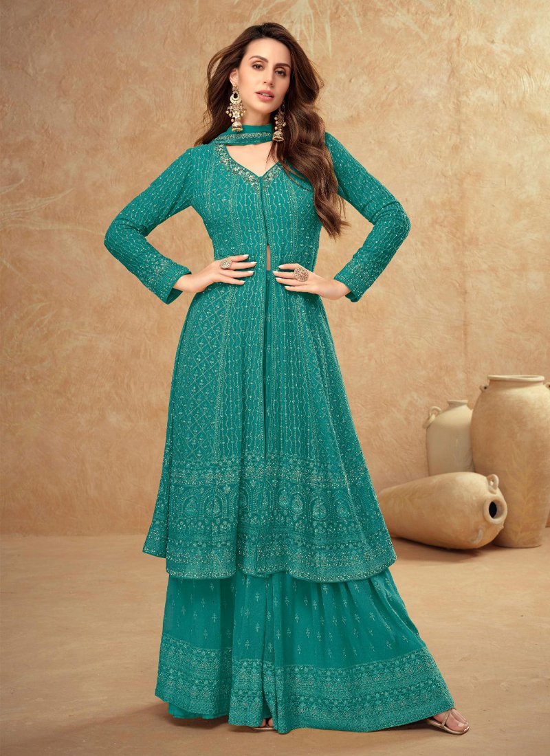 Stunning heavy embroidered real georgette sharara suit in green