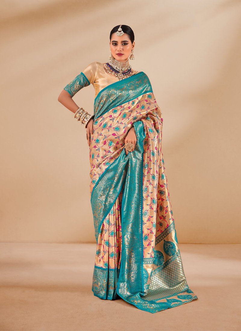 Stunning zari weaving tissue silk saree in pastel green