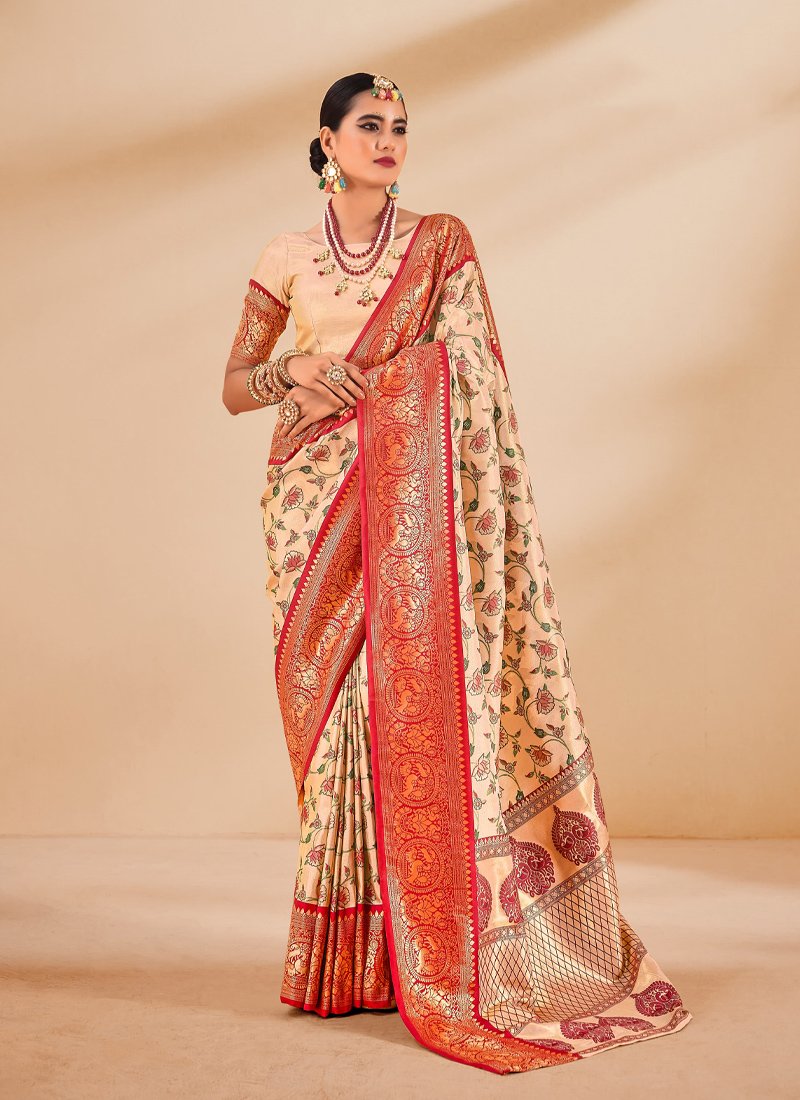 Stunning zari weaving tissue silk saree in orange