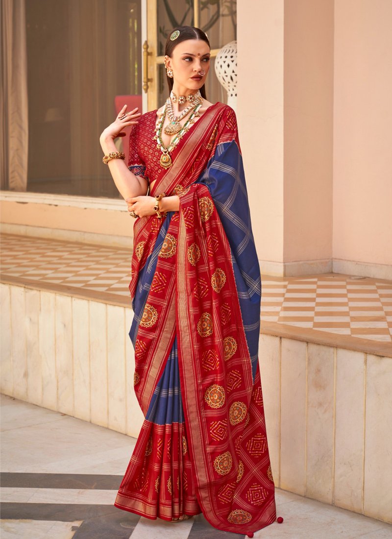 Designer foil printed silk saree in royal blue