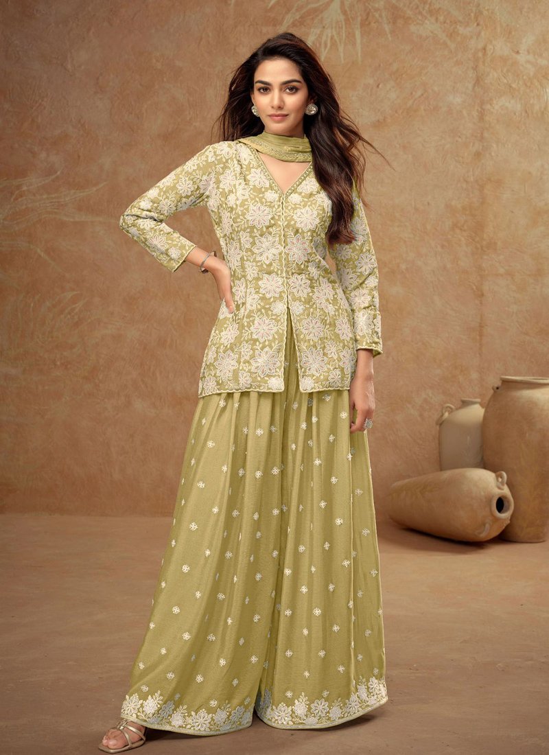 Elegant heavy embroidered chinon palazzo set in yellow