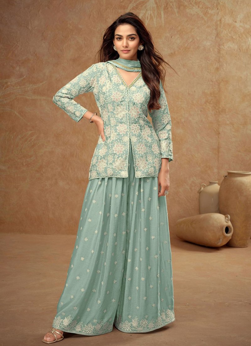 Elegant heavy embroidered chinon palazzo set in light blue