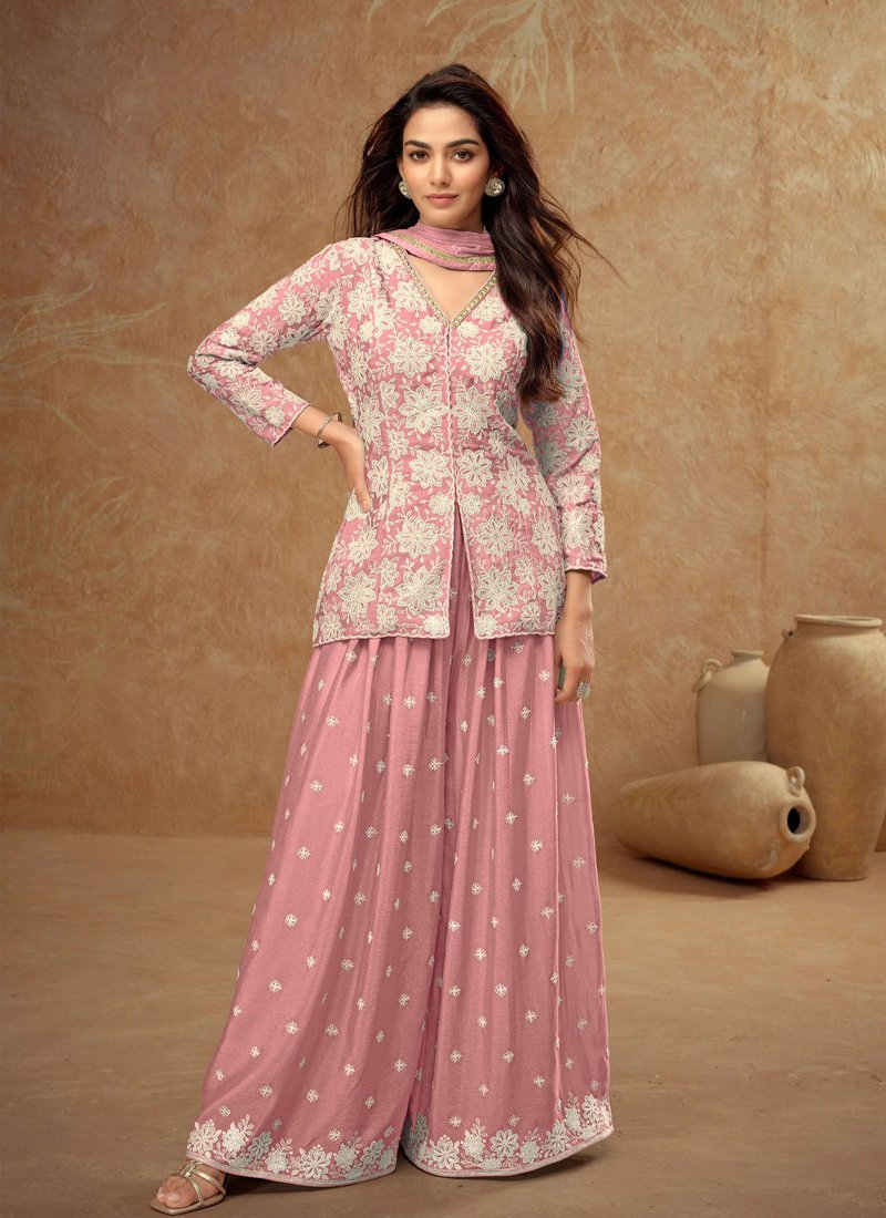 Elegant heavy embroidered chinon palazzo set in pink