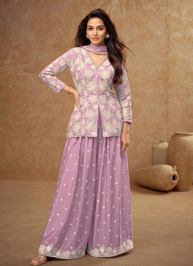 Elegant heavy embroidered chinon palazzo set in purple