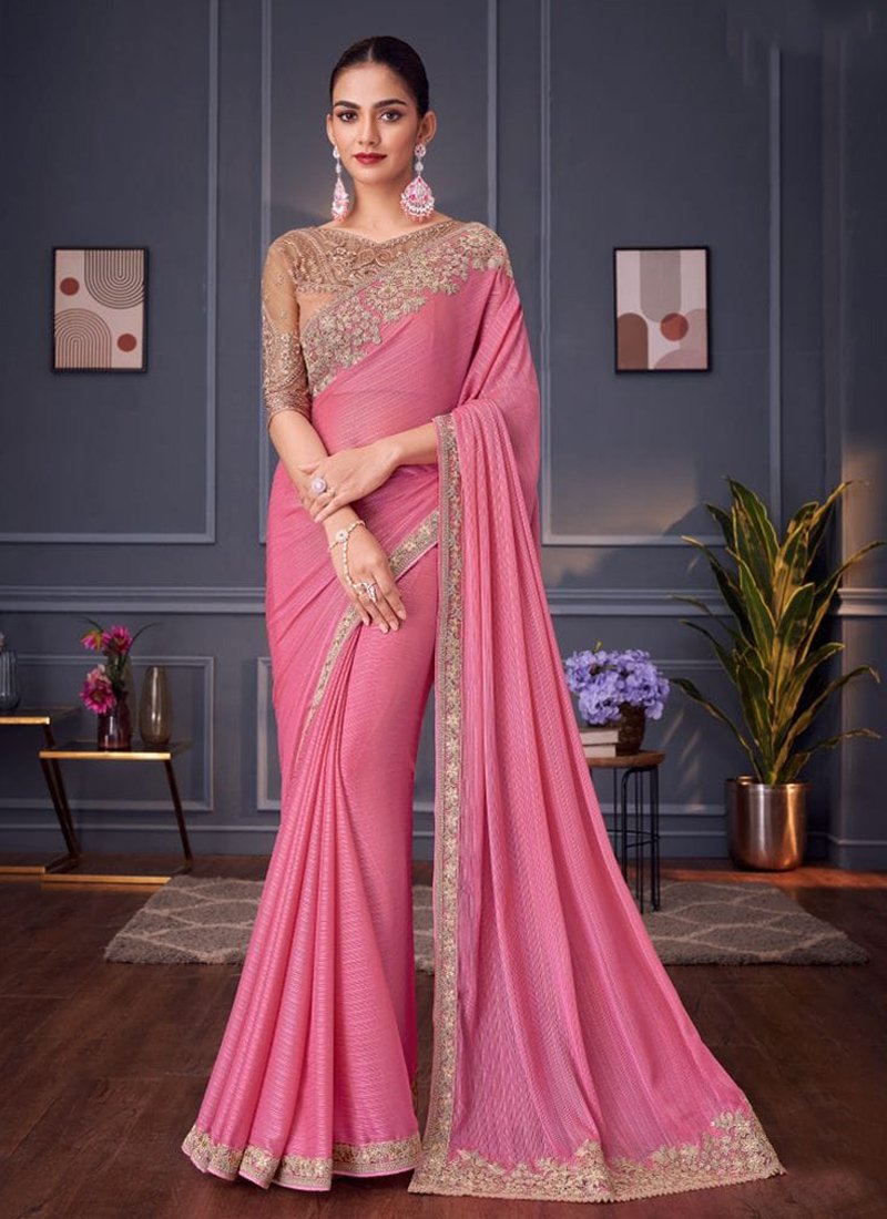 Beautiful heavy floral embroidered satin silk saree in pink