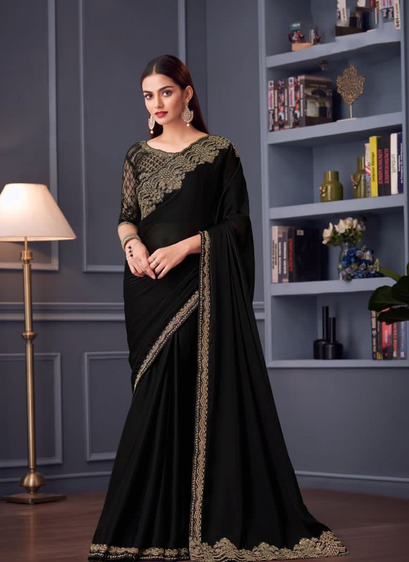 Beautiful heavy floral embroidered satin silk saree in black