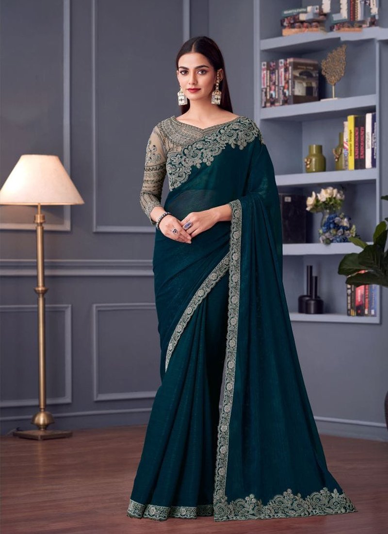 Beautiful heavy floral embroidered satin silk saree in dark blue