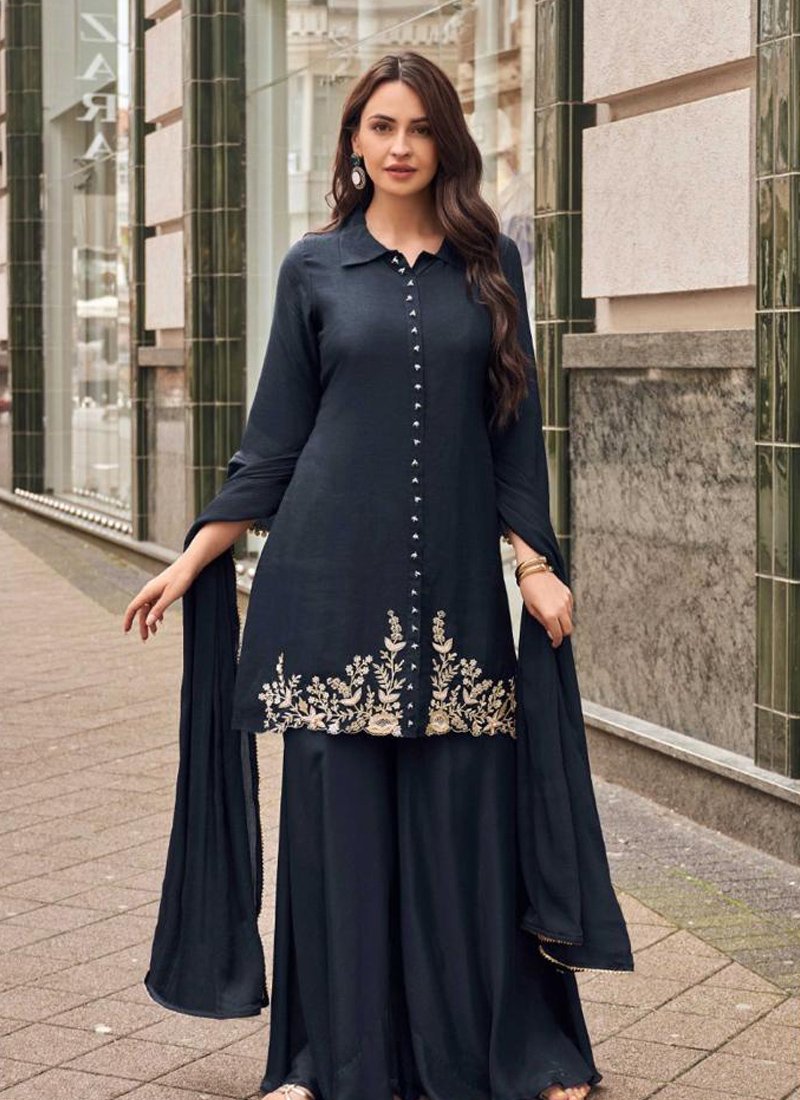 Exquisite jacquard-printed viscose silk Sharara suit in dark blue