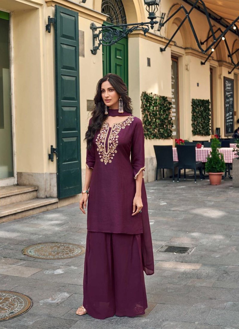 Exquisite jacquard-printed viscose silk palazzo suit in dark purple