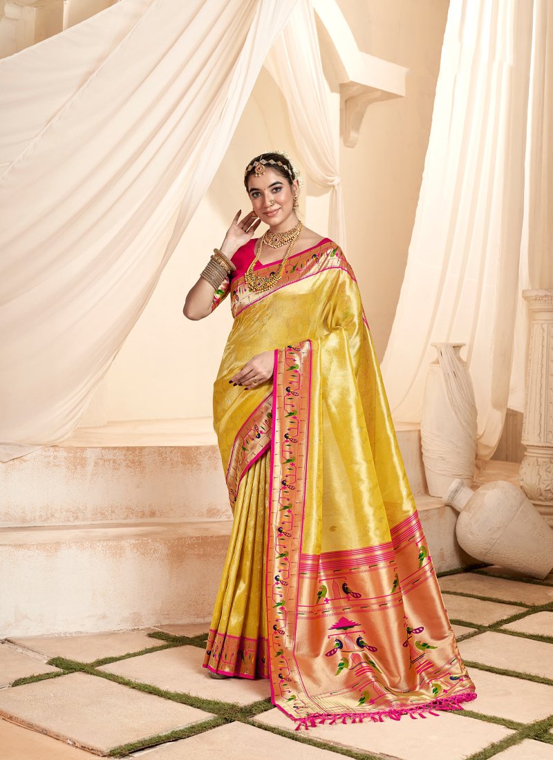 Beautiful handloom weaving tissue silk saree in yellow