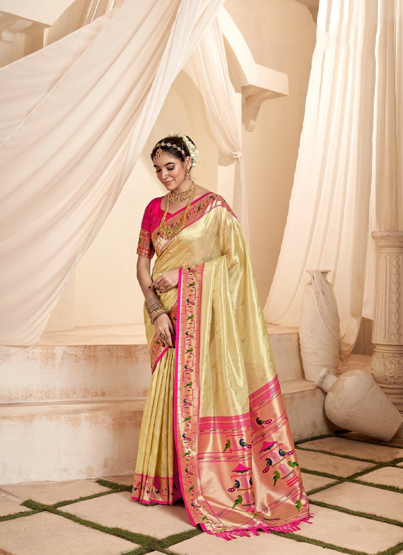 Beautiful handloom weaving tissue silk saree in light yellow