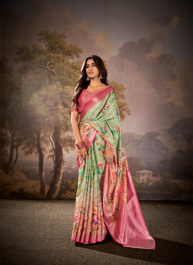 Elegant floral printed cotton silk saree in pink